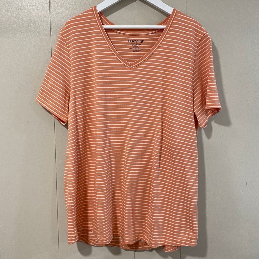 Orvis Perfect Tee Orange White Striped V-Neck Shirt Women’s Medium